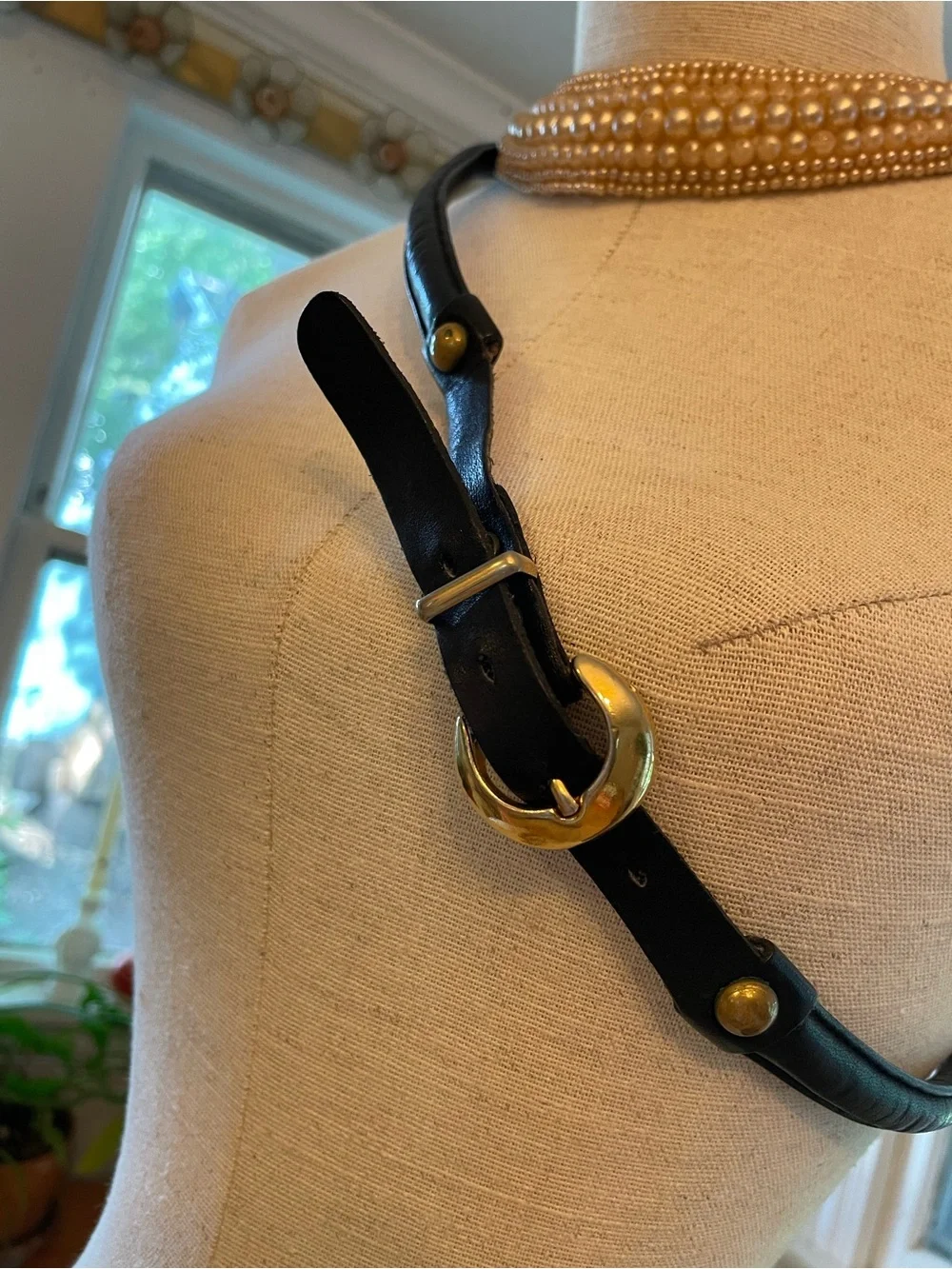 Vintage Black Leather Belt Strap with Gold-Tone Ring